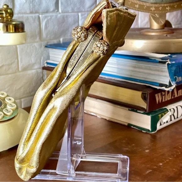 Vintage 1940s 50s Metallic Gold Fabric Slouch Bag Rhinestone Gold Tone Clasps - Picture 7 of 14